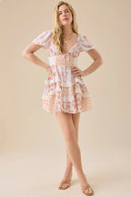 Floral Lace Patchwork V Neck Puff Short Sleeve Mini Dress image 20