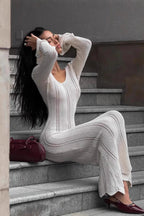 V-Neck Knitted Dress With Flared Sleeves & Hollow Hip-Wrap Maxi Dress image 1