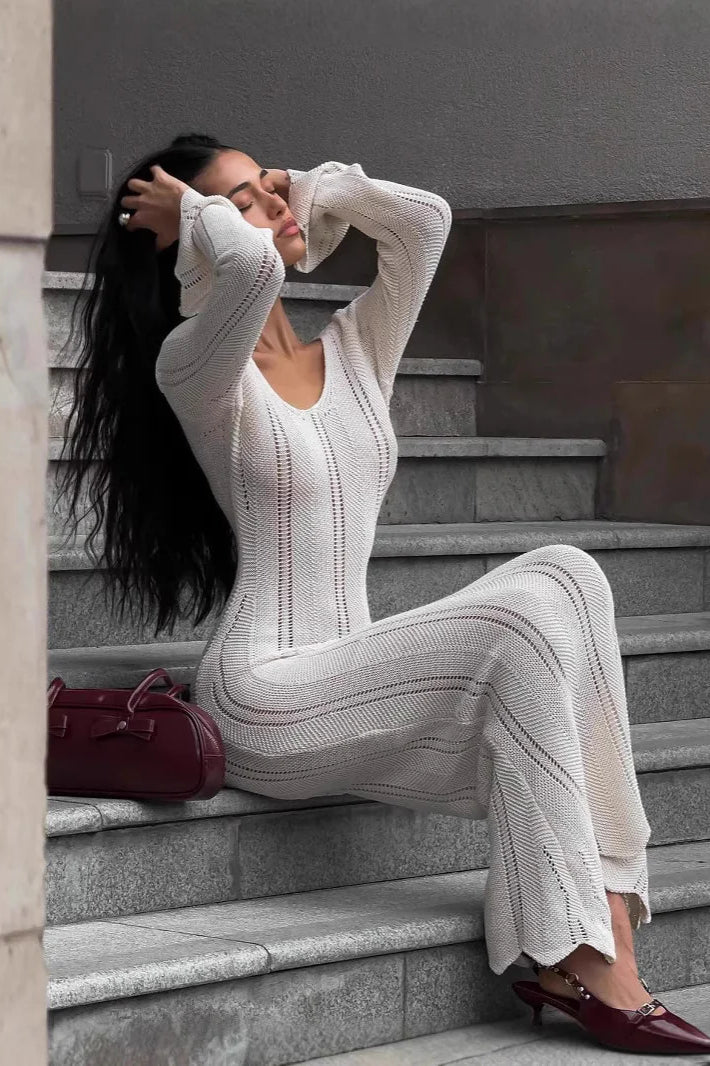V-Neck Knitted Dress With Flared Sleeves & Hollow Hip-Wrap Maxi Dress image 1