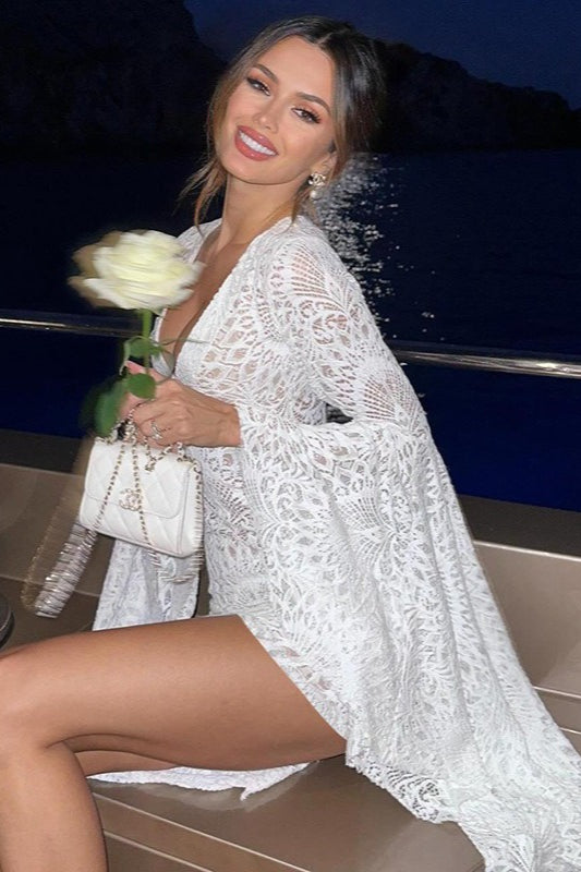 Deep V-Neck Lace Bell Sleeve Bodycon Mini Dress image 3