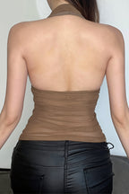 Solid Mesh Button Cropped Halter Top image 3