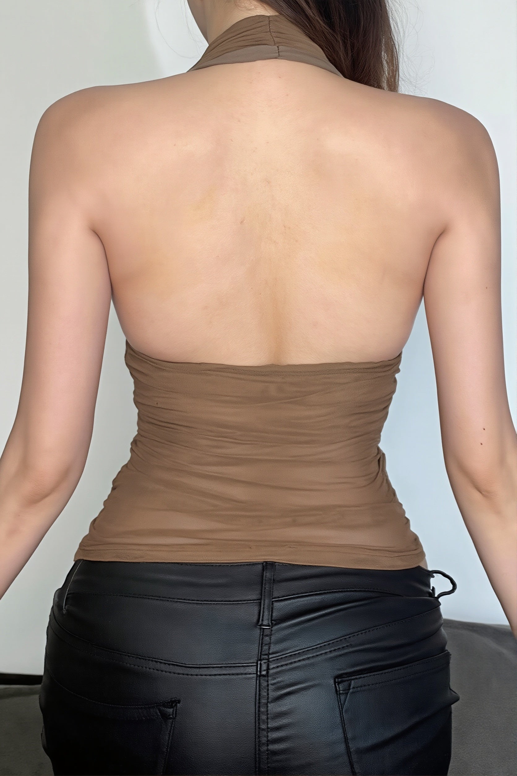 Solid Mesh Button Cropped Halter Top image 3