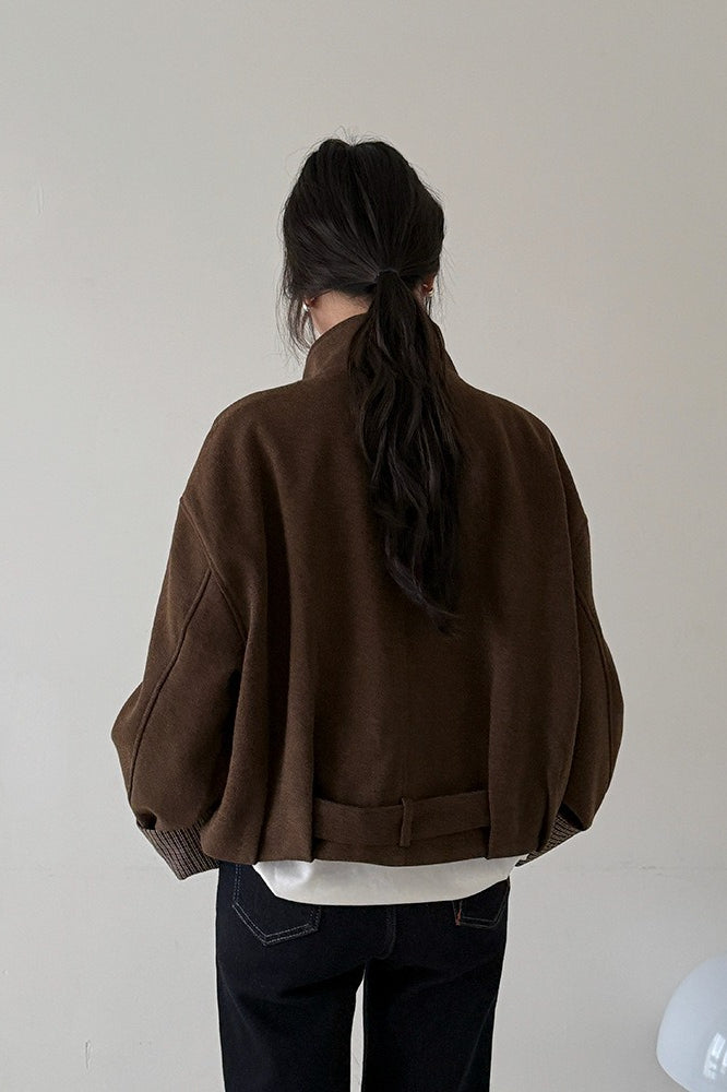 Short Cuffed Check Pieced Stand Collar Wool Coat image 8