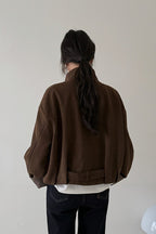 Short Cuffed Check Pieced Stand Collar Wool Coat image 8