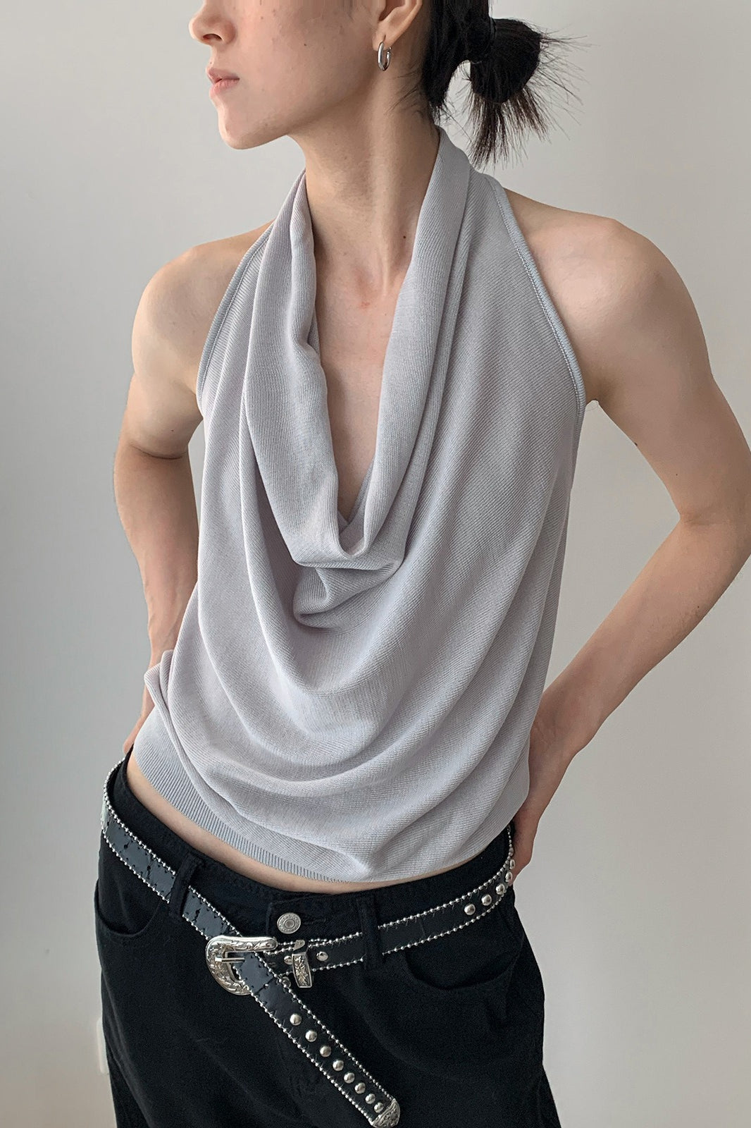 Elegant Solid Draped Neck Halter Top image 5