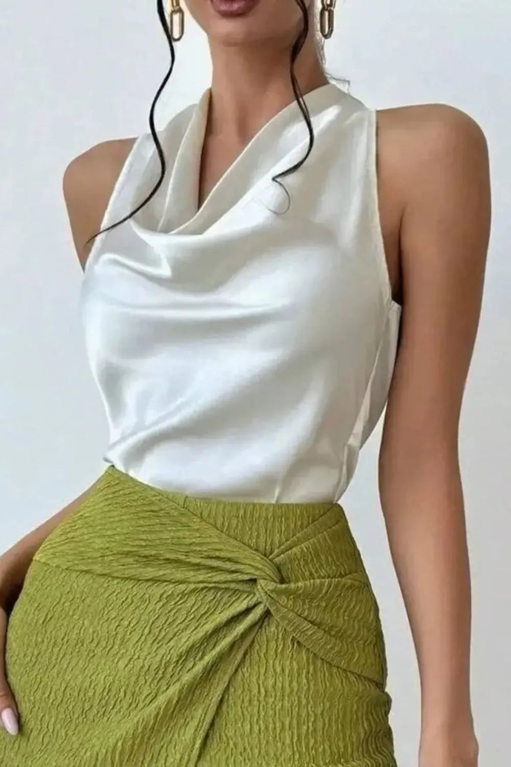 Cassia Satin Blouse detail view styled for Avrienne