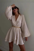 Fashion Solid Color Waist Cinching Mini Dress image 2