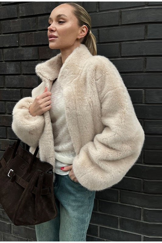 Stand Collar Faux Fur Cropped Jacket image 3