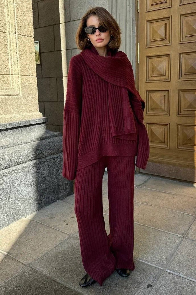 Relaxed Fit V Neck Ribbed Sweater with Pants Two Piece Pants Set image 2
