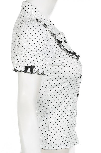Lapel Button Bow Polka Dot Blouse image 8