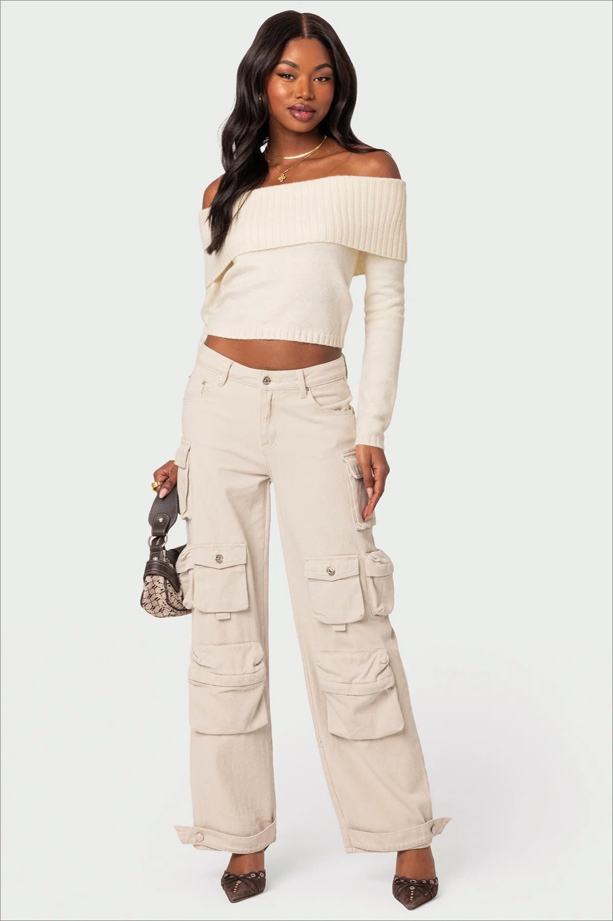 Solid Color Off-Shoulder Boat Neck Long-Sleeve Knit Top image 8