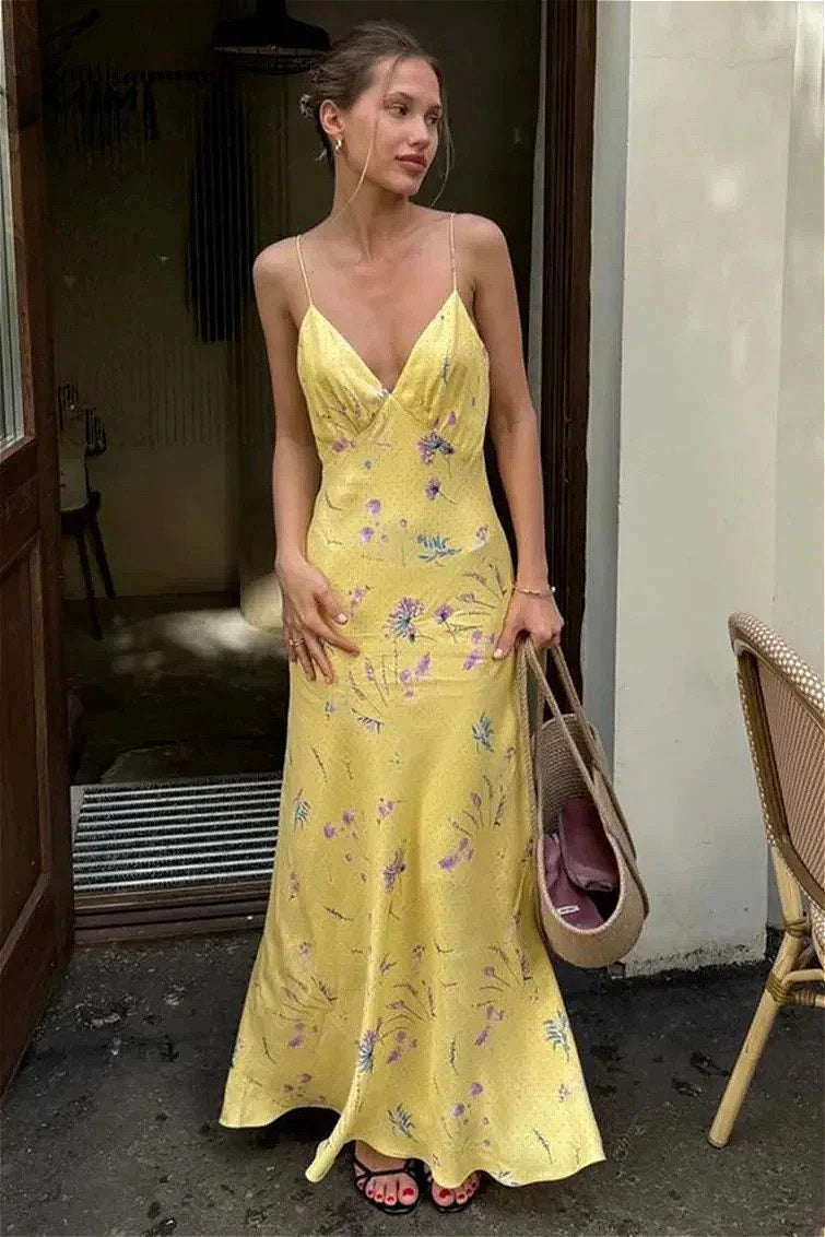 Casual Yellow Print Spaghetti Strap Floral Dress image 1