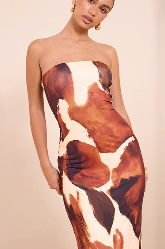 Abstract Print Off-shoulder Strapless Bodycon Maxi Dress image 2