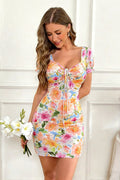 Sexy Square Neck Ruched Floral Bodycon Mini Dress image 1