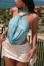Sexy Solid Draped Shell Button Halter Top image 3