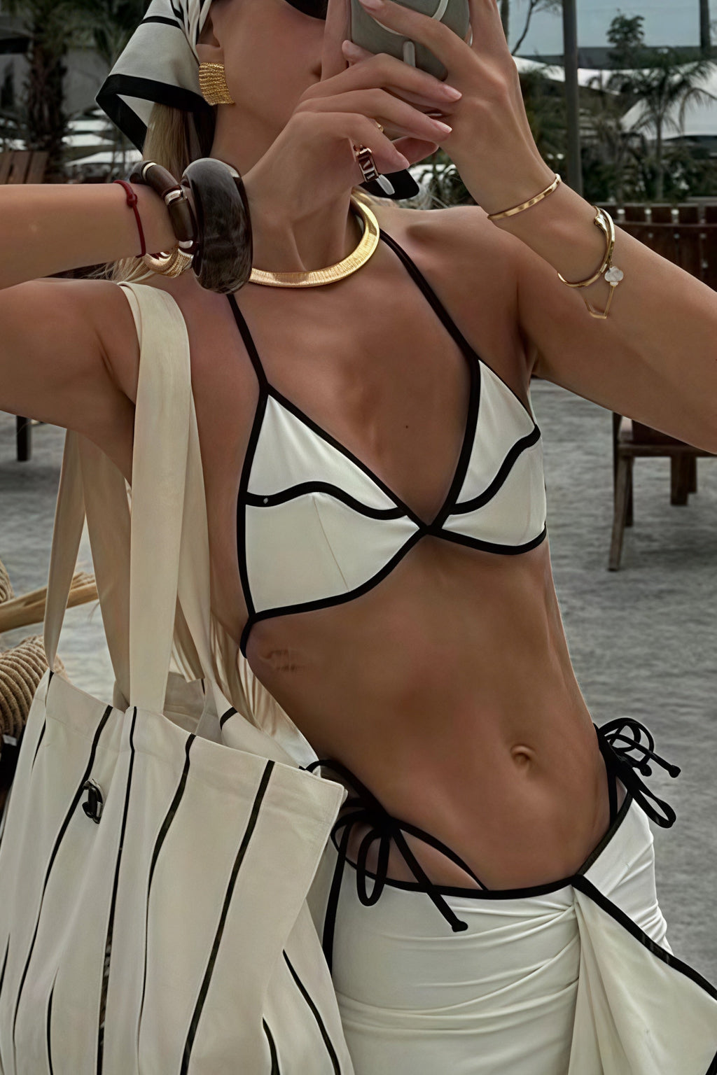 Black White Color Block Ruffle Three Piece Swim Set image 3