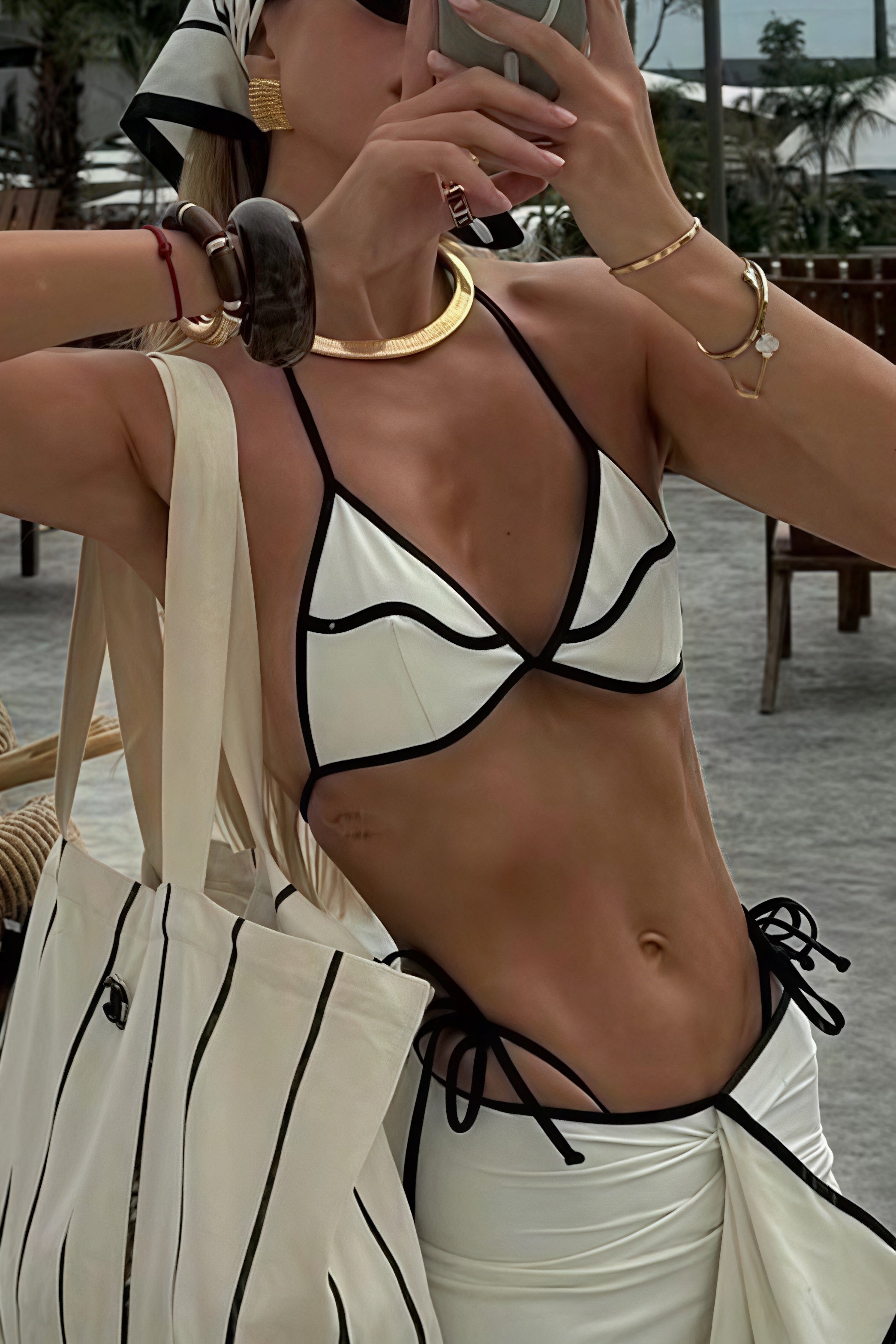 Black White Color Block Ruffle Three Piece Swim Set image 3