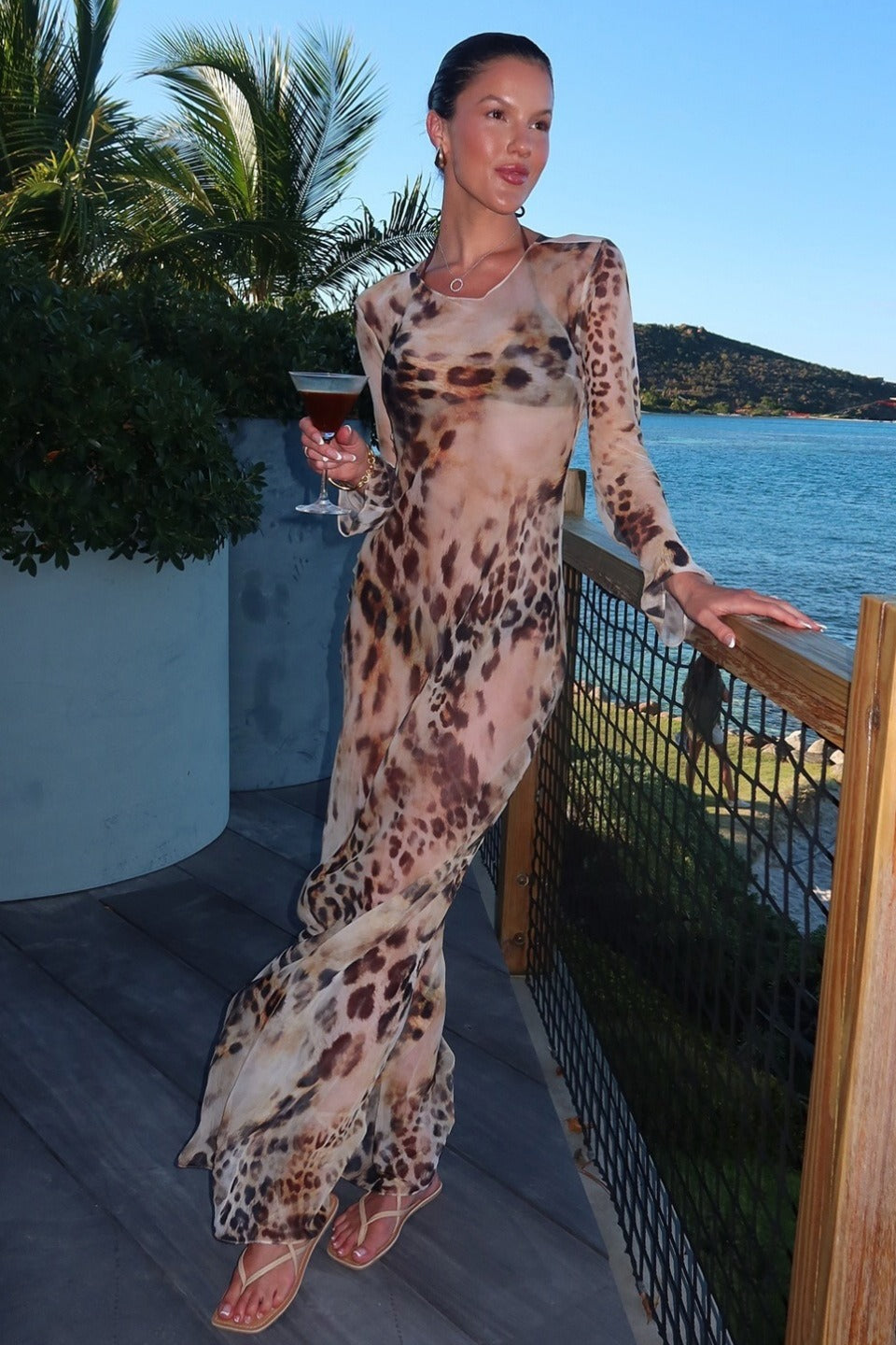 Round Neck Long Sleeve Leopard Print Bodycon Maxi Dress image 1