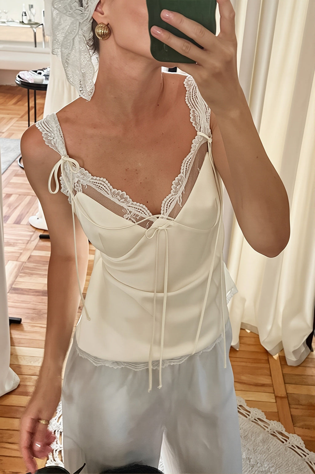 Chic V Neck Lace Up Cinched Cami Top image 1