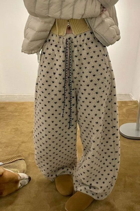Warm Thickened Polka Dot Fleece Drawcord Pants image 2