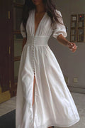 Elegant Puff Sleeve Deep V Slit Midi Dress image 1