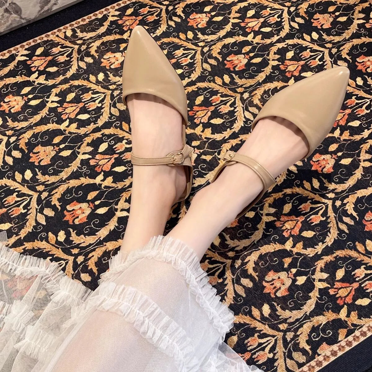 Amelie Flat Sandals detail view styled for Avrienne