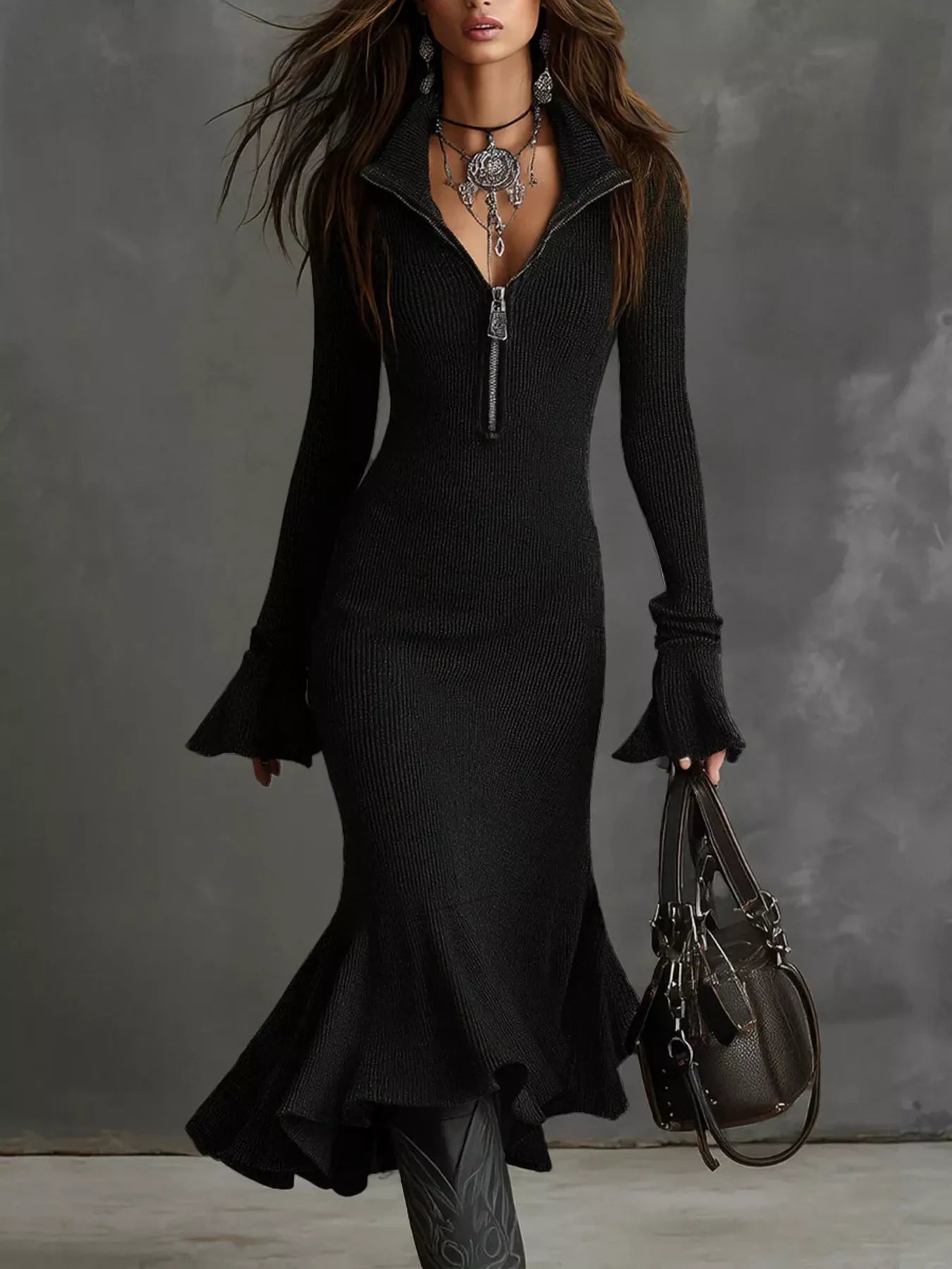 Valeria Ribbed Midi Dress detail view styled for Avrienne