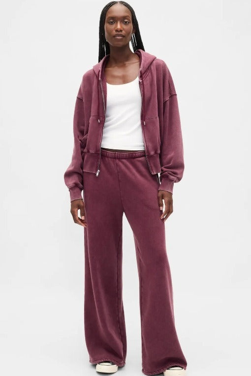 Retro Solid Hooded Zipper Loose Two Piece Set image 1
