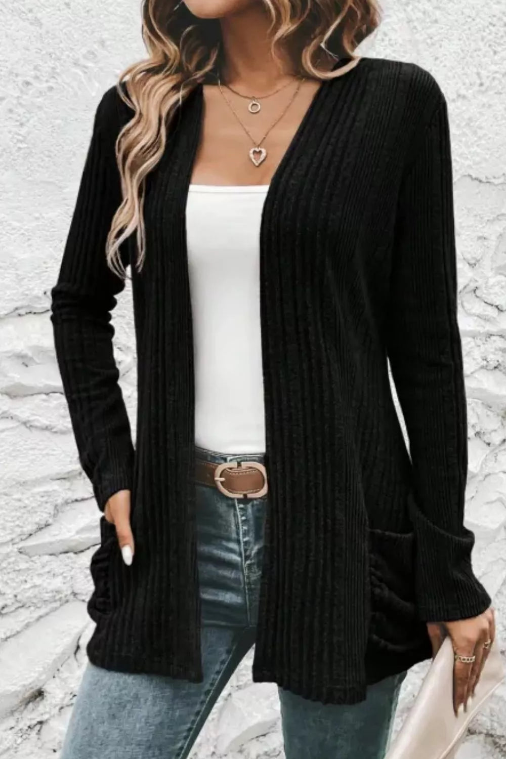Estelle Pocket Cardigan detail view styled for Avrienne