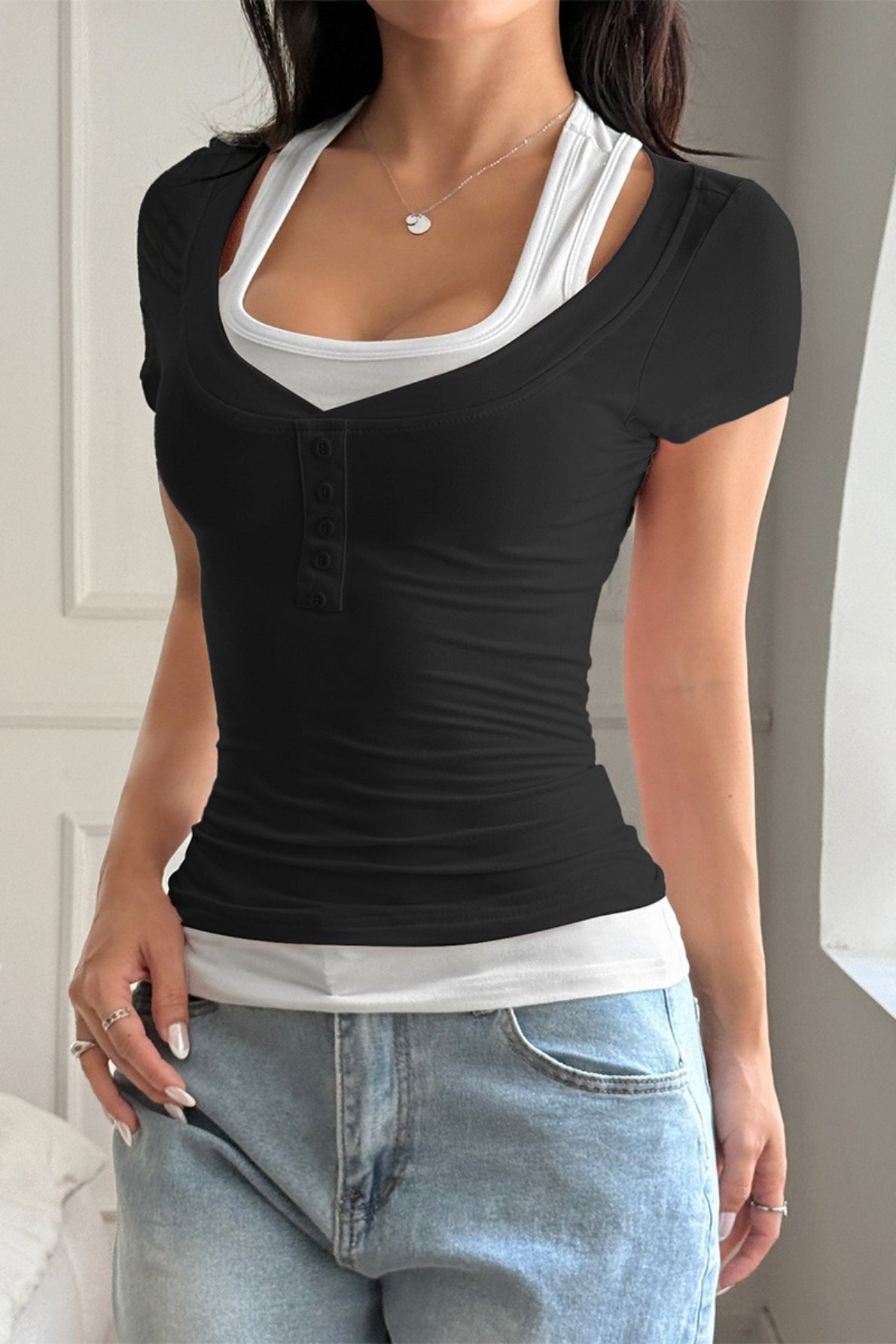 Color Block Fake Two Piece Cami Sleeve T‑shirt image 4
