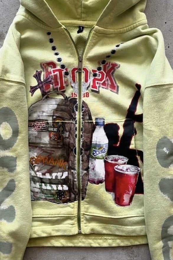 Graffiti Print Oversized Zipper Casual Hoodie image 2