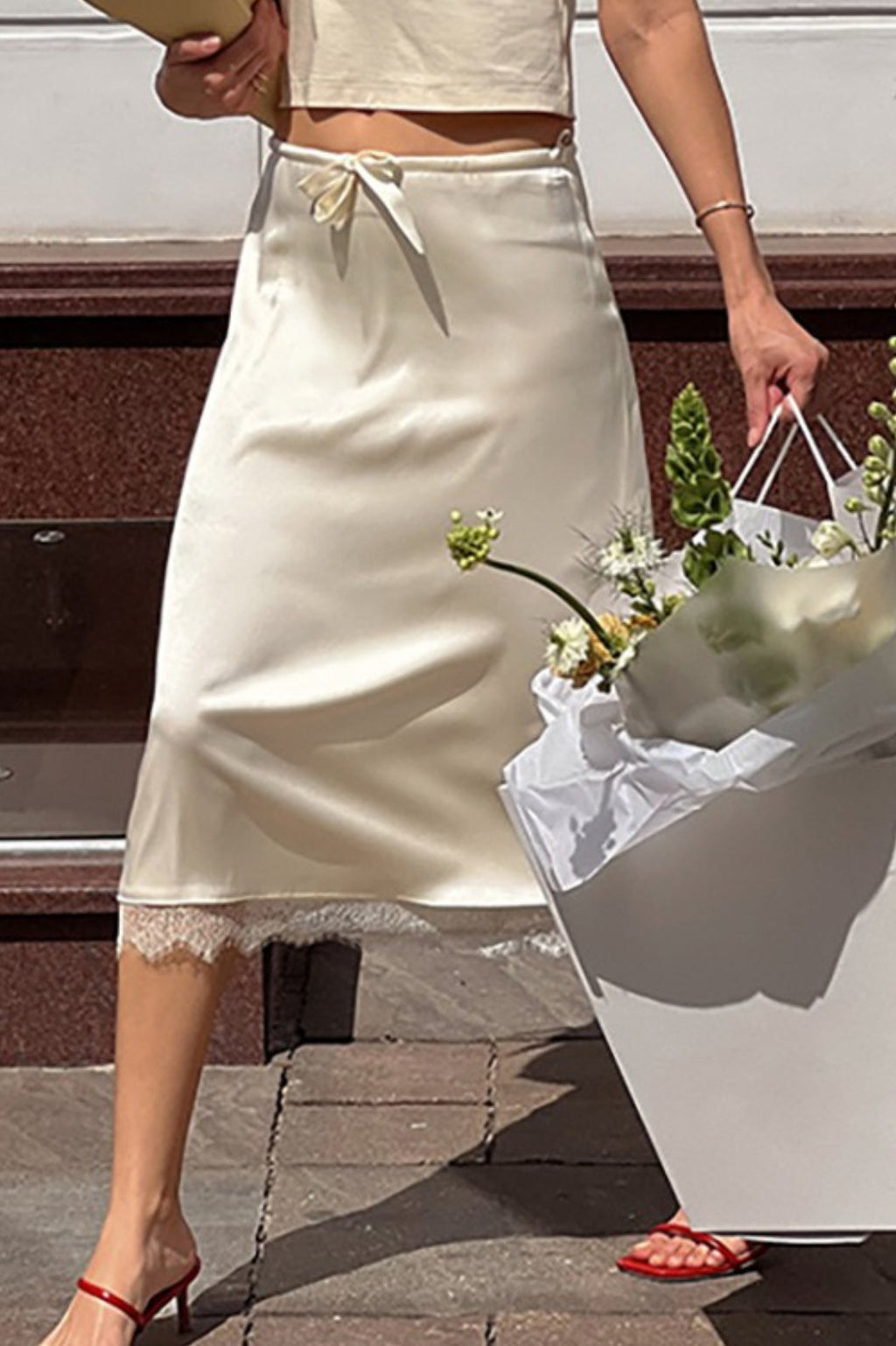 Elegant Lace Trim Tie Waist Midi Skirt image 2