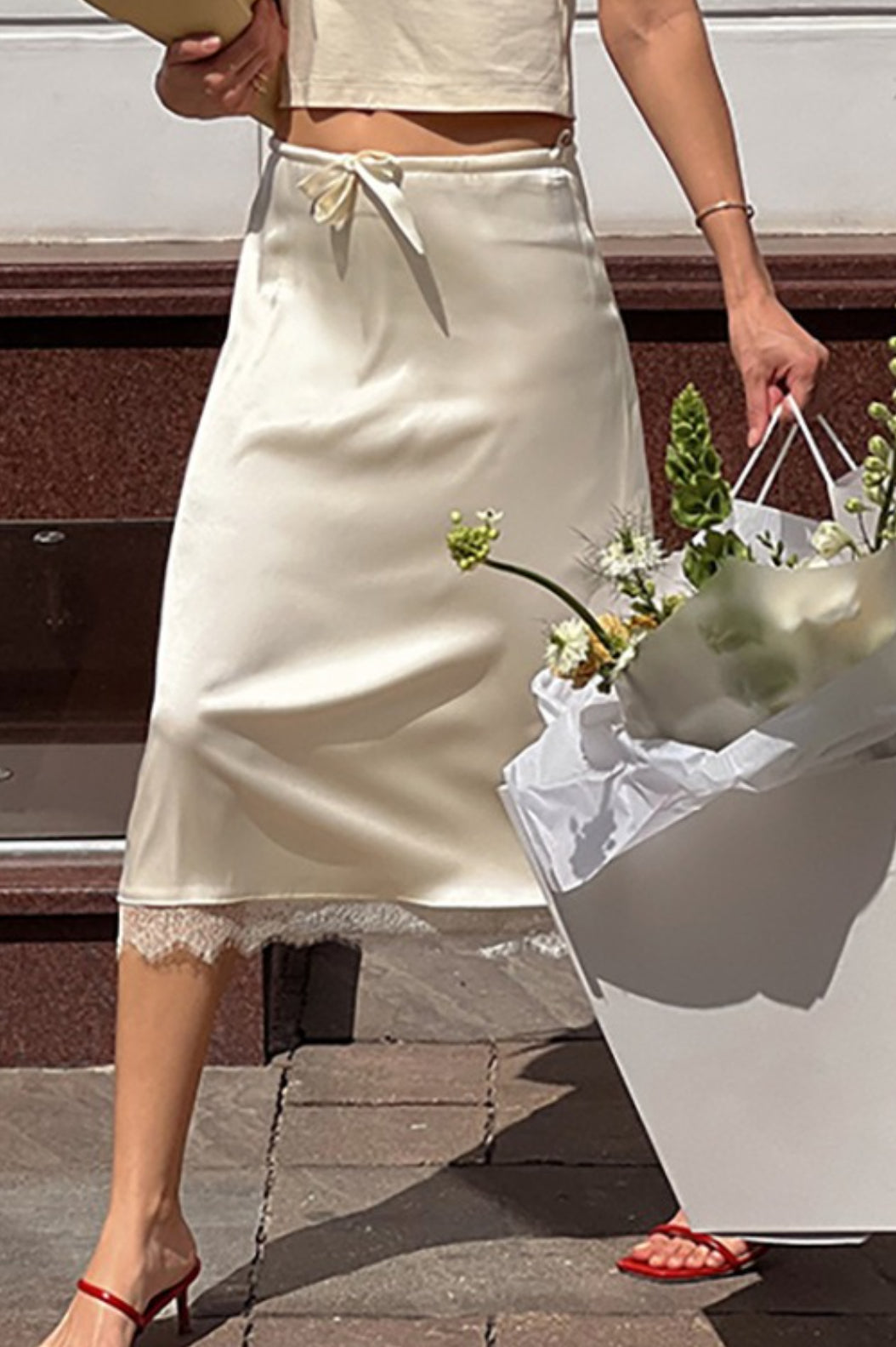 Elegant Lace Trim Tie Waist Midi Skirt image 2