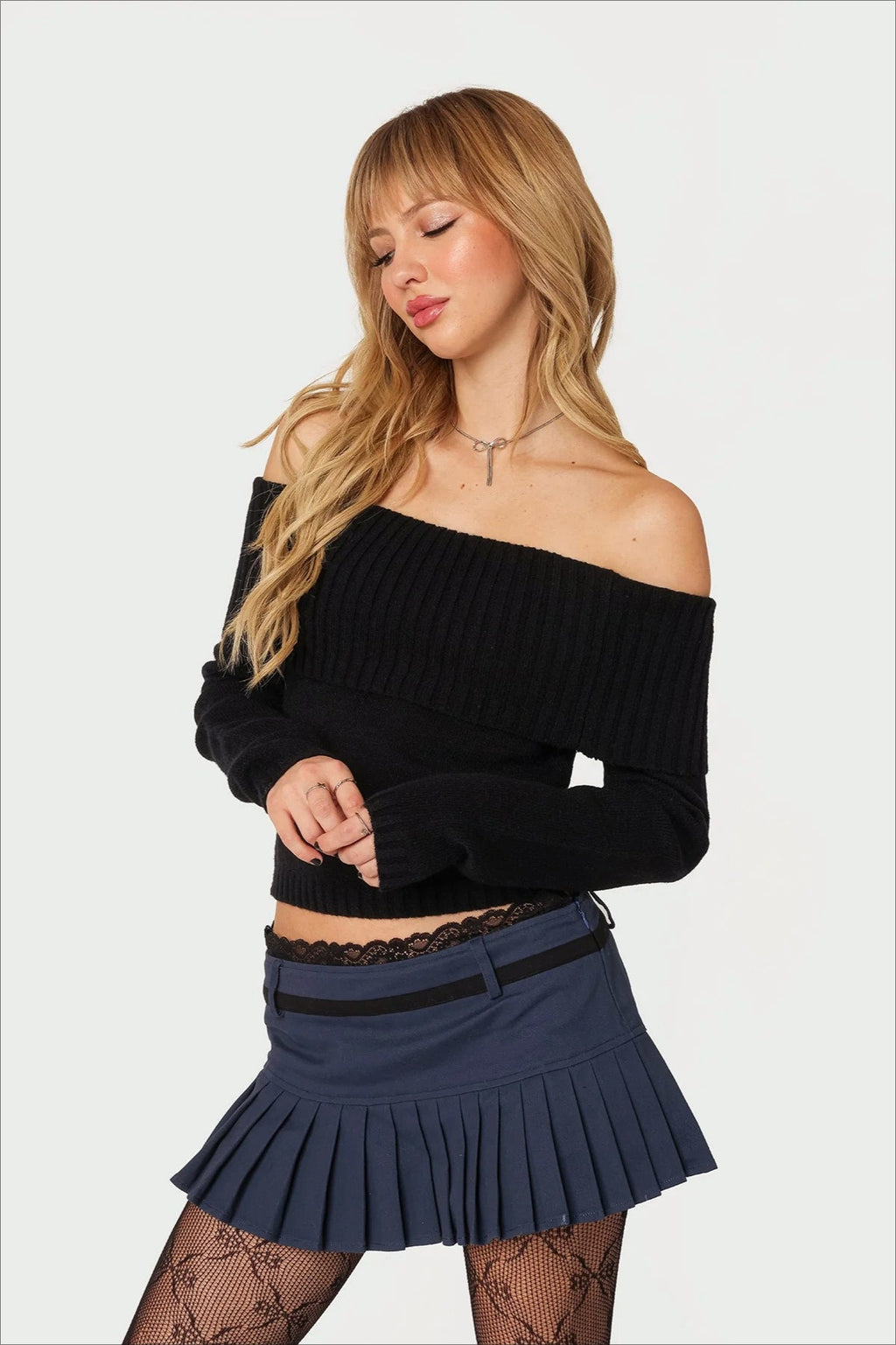 Solid Color Off-Shoulder Boat Neck Long-Sleeve Knit Top image 14