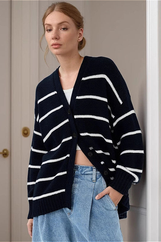 Striped Cotton V Neck Knit Cardigan image 4