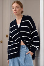Striped Cotton V Neck Knit Cardigan image 4