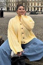 Yellow Ribbed Round Neck Knit Cardigan image 3