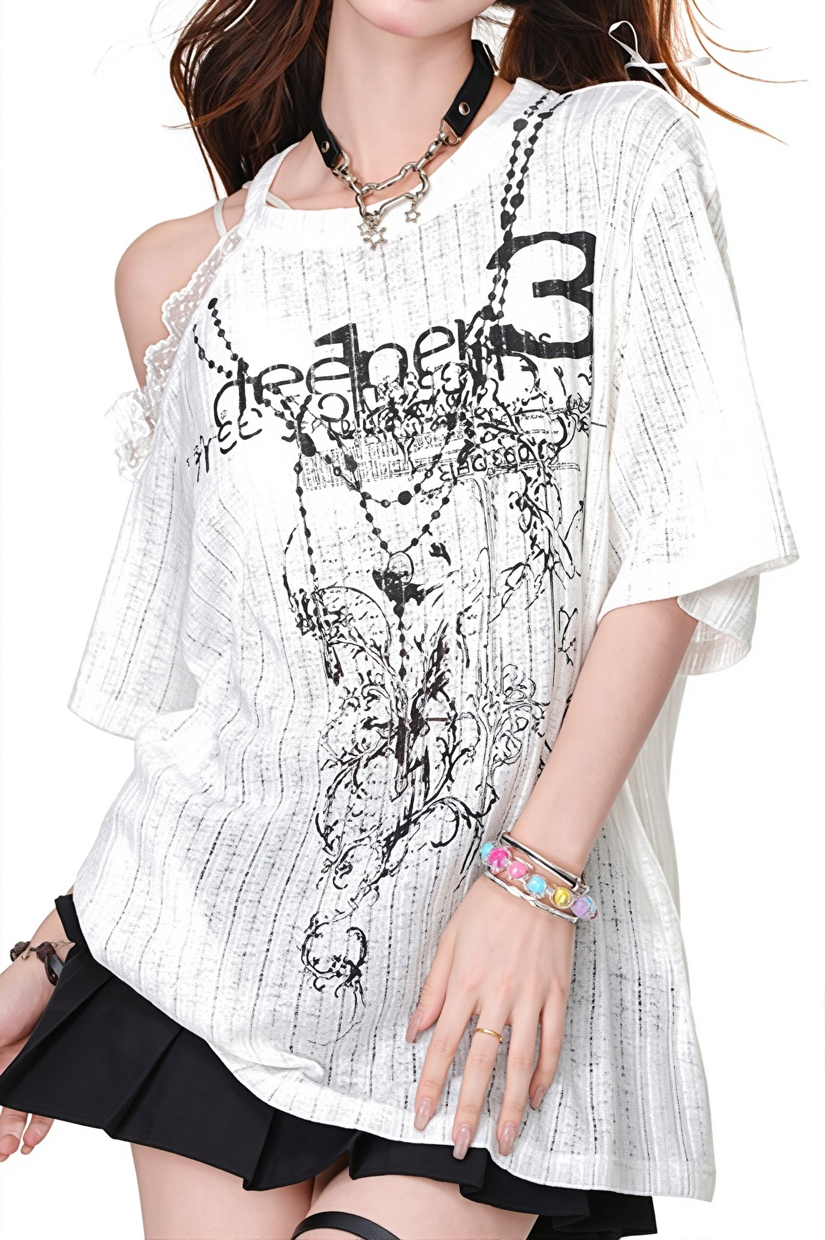 Asymmetric Lace Off Shoulder T‑shirt image 2