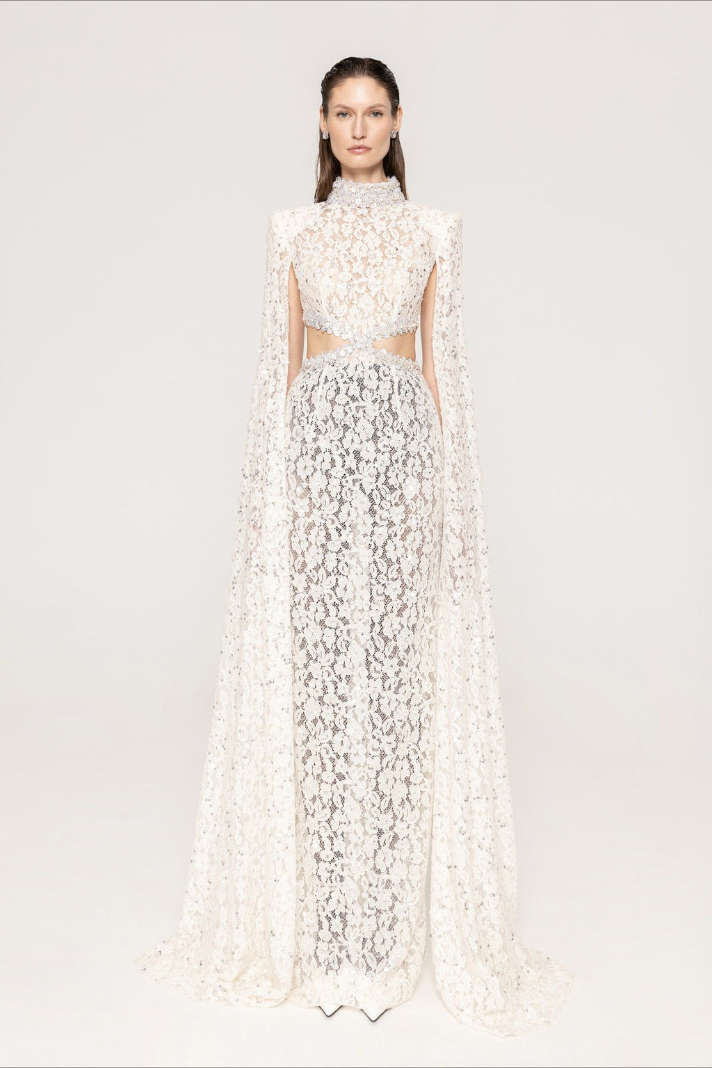 Lace Beaded Sequin Slim Cape Reception Dress image 3