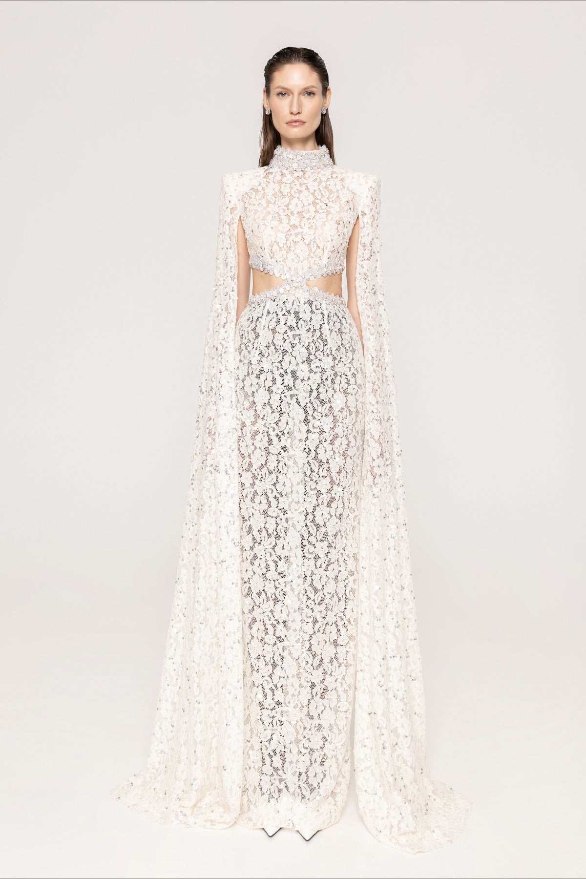 Lace Beaded Sequin Slim Cape Reception Dress image 3