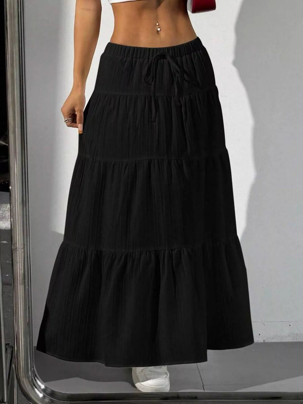 Capri Tiered Maxi Skirt detail view styled for Avrienne
