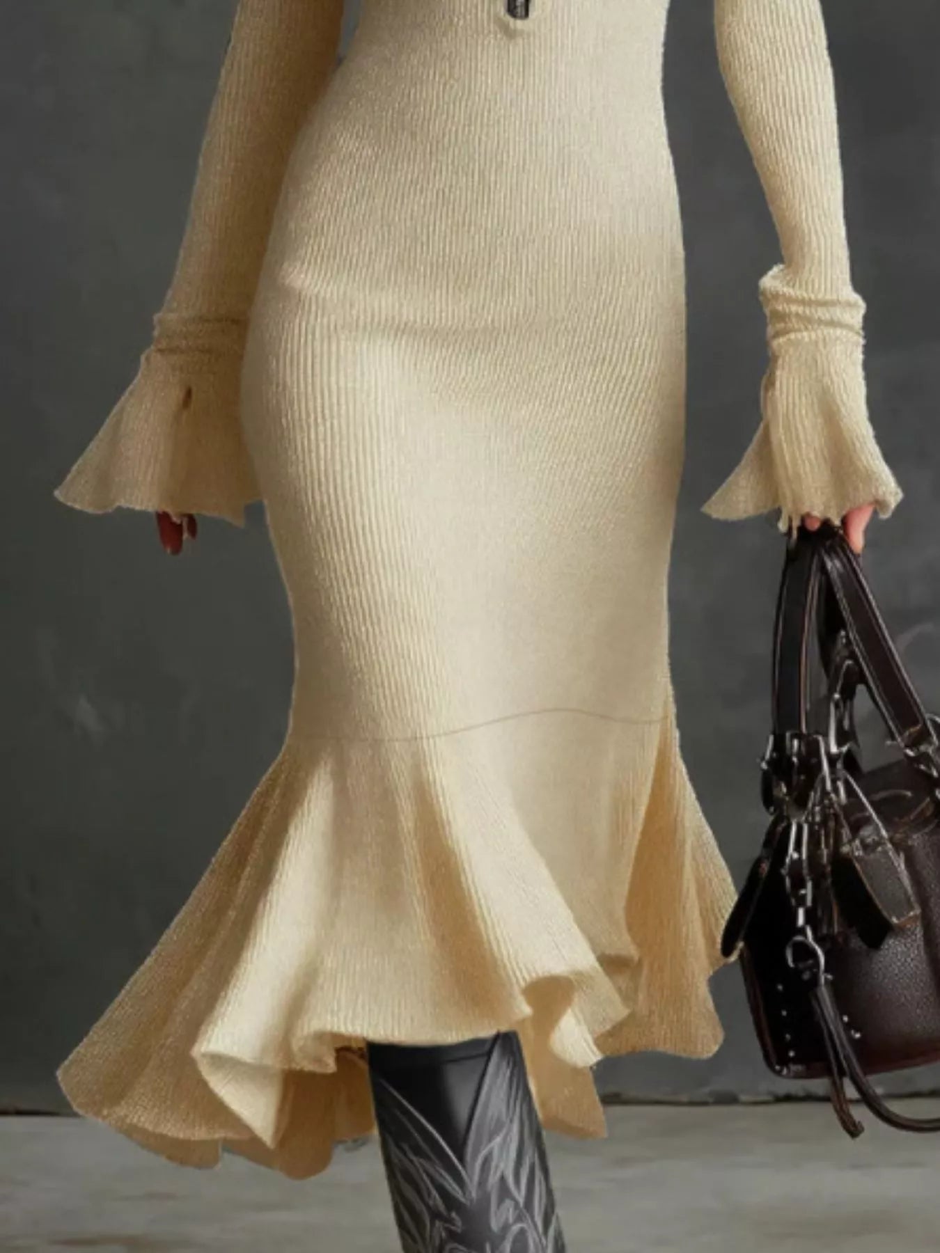 Valeria Ribbed Midi Dress detail view styled for Avrienne