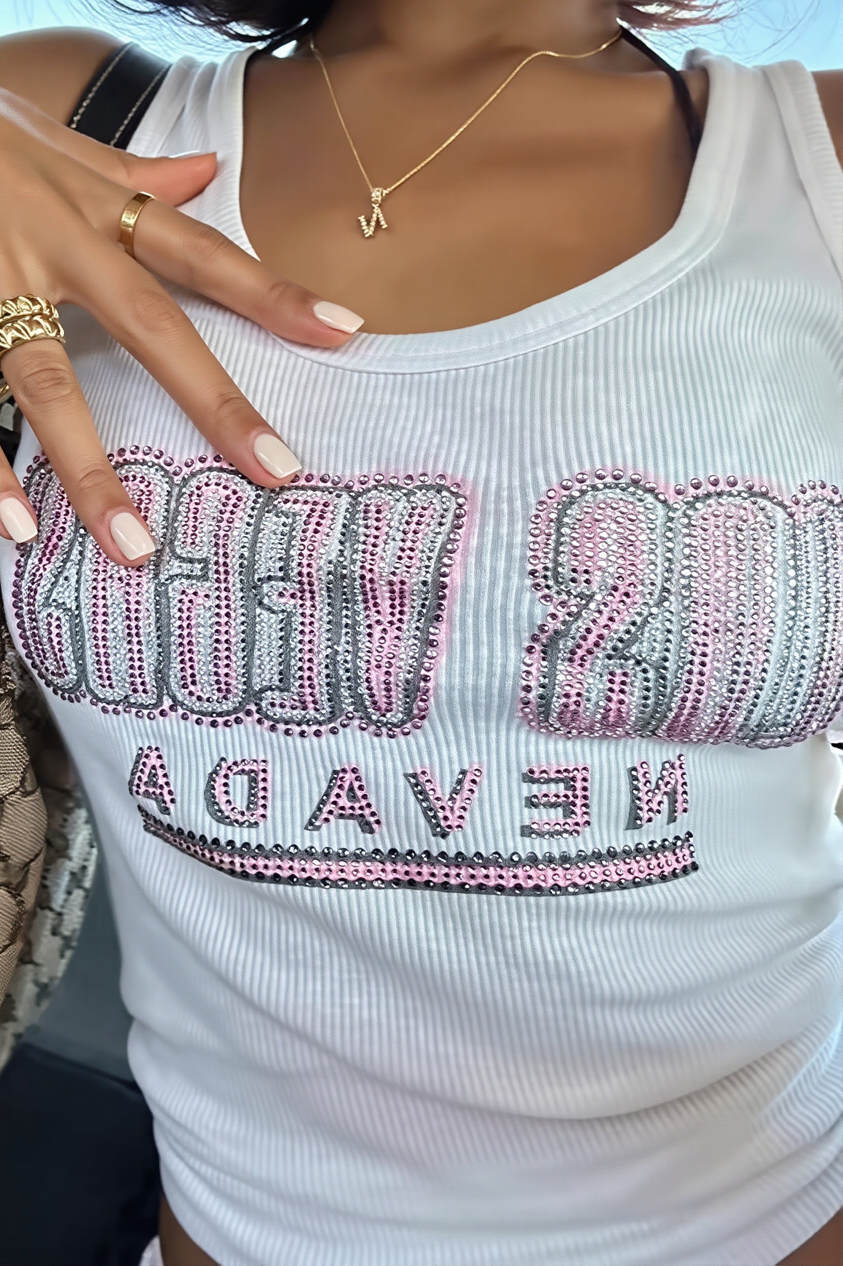White Print Rhinestone Tank Top image 5