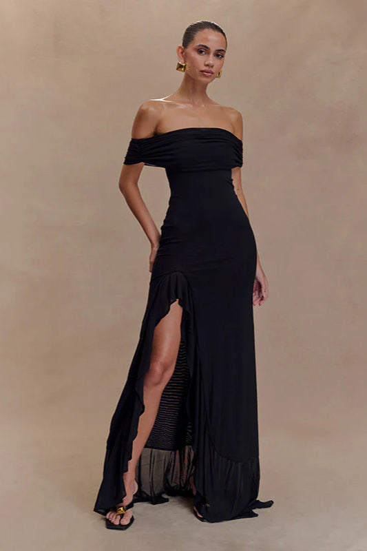 Off-Shoulder Ruffle Mesh Split Maxi Party Dress image 15
