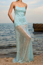 Solid Patchwork Sheer Backless Cami Sequin Maxi Dress image 1