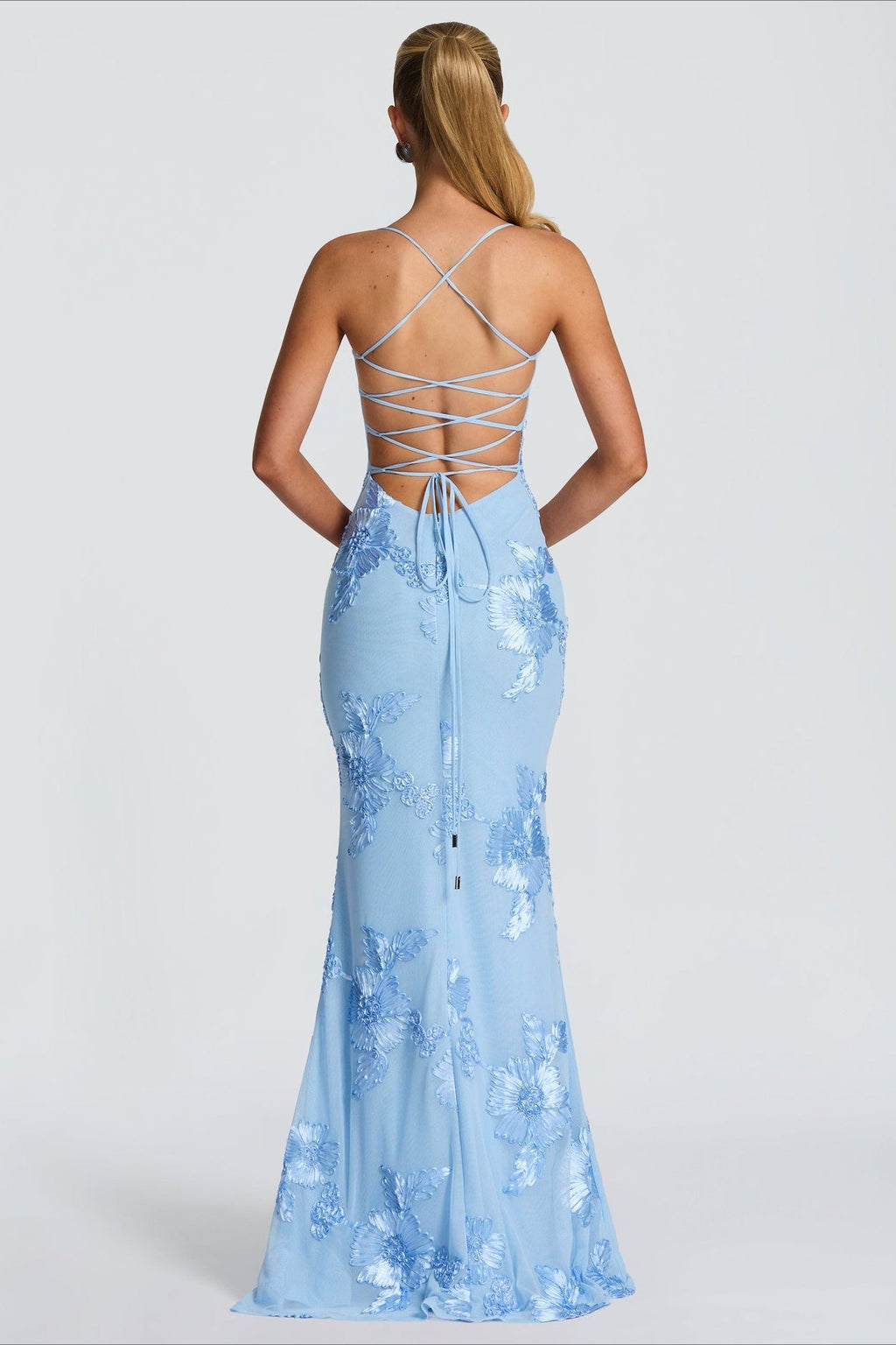 3D Applique Bone Pad Tie Back Solid Prom Dress image 12