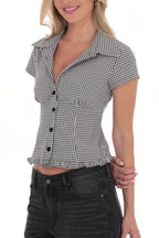 Cropped Plaid Polo Neck Button Blouse image 7