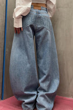 Loose Floor Length Curved Leg Washed Letter Embossed Jeans image 2
