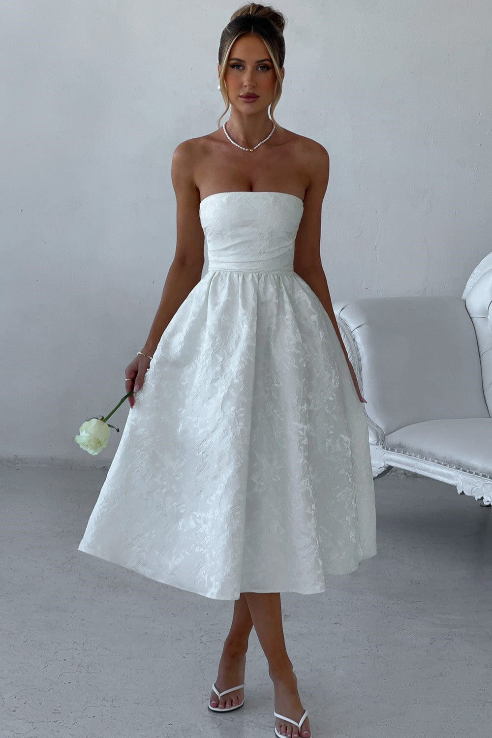 Solid Jacquard Strapless A-Line Party Dress image 9