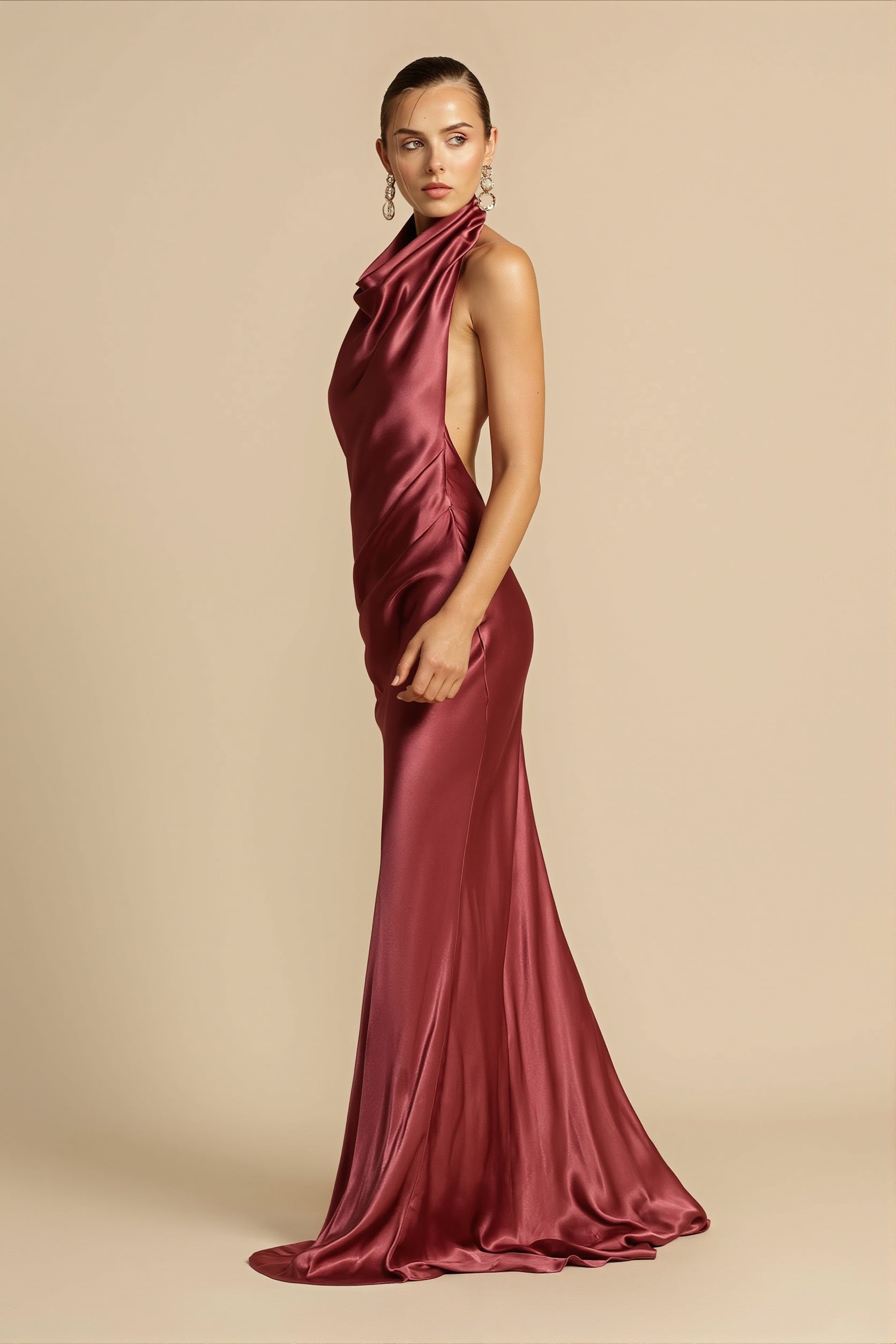 Solid Satin Halter Backless Maxi Dress image 8